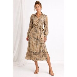 Dress Forum Silky Wray Midi Dress Tie Waist Abstract Tribal Print Earthy/ Boho L